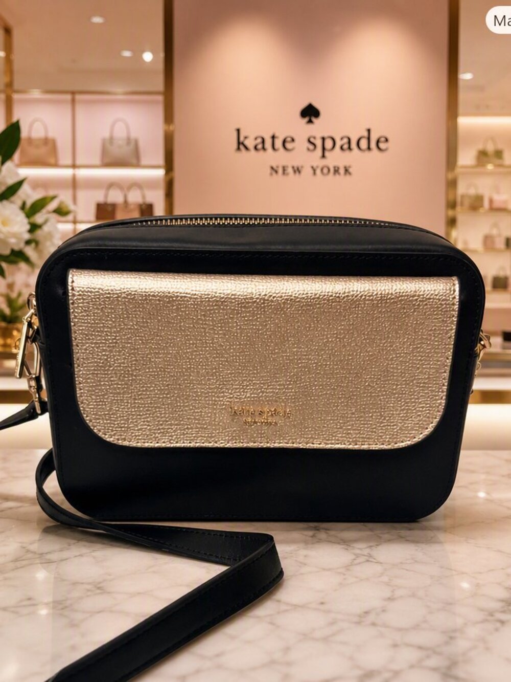 Kate Spade Black & Metallic Gold Camera/Crossbody Bag